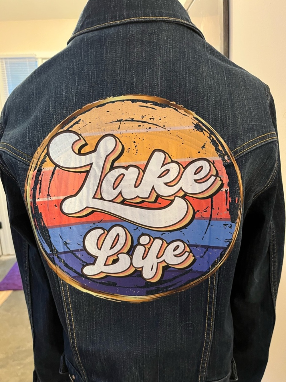 Upcycled GAP Dark Blue Denim Jacket with Retro 'Lake Life' Back Graphic